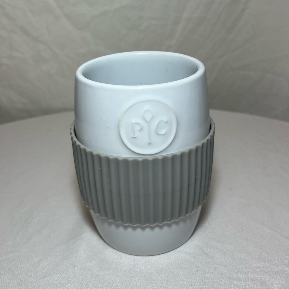 Pampered Chef Ceramic White Microwave Egg Cooker with Silicone Gray Sleeve